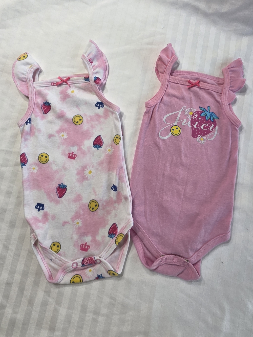 Juicy Couture Girls' Pink Smiley & Strawberry Ruffle Shoulder Bodysuits